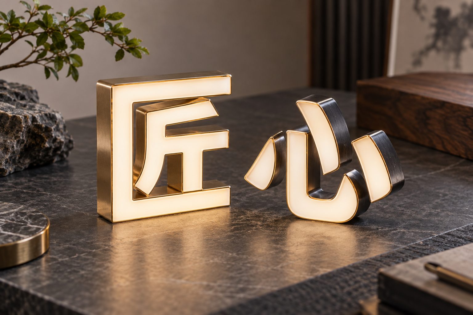 发光字材质结构与夜间发光效果特写