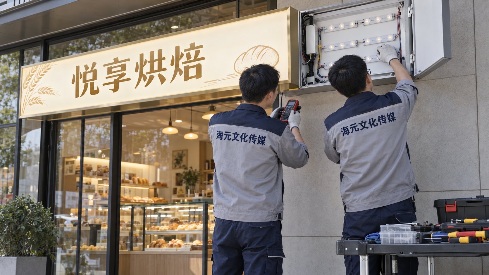 海元文化传媒技术人员检查灯箱内部光源和线路
