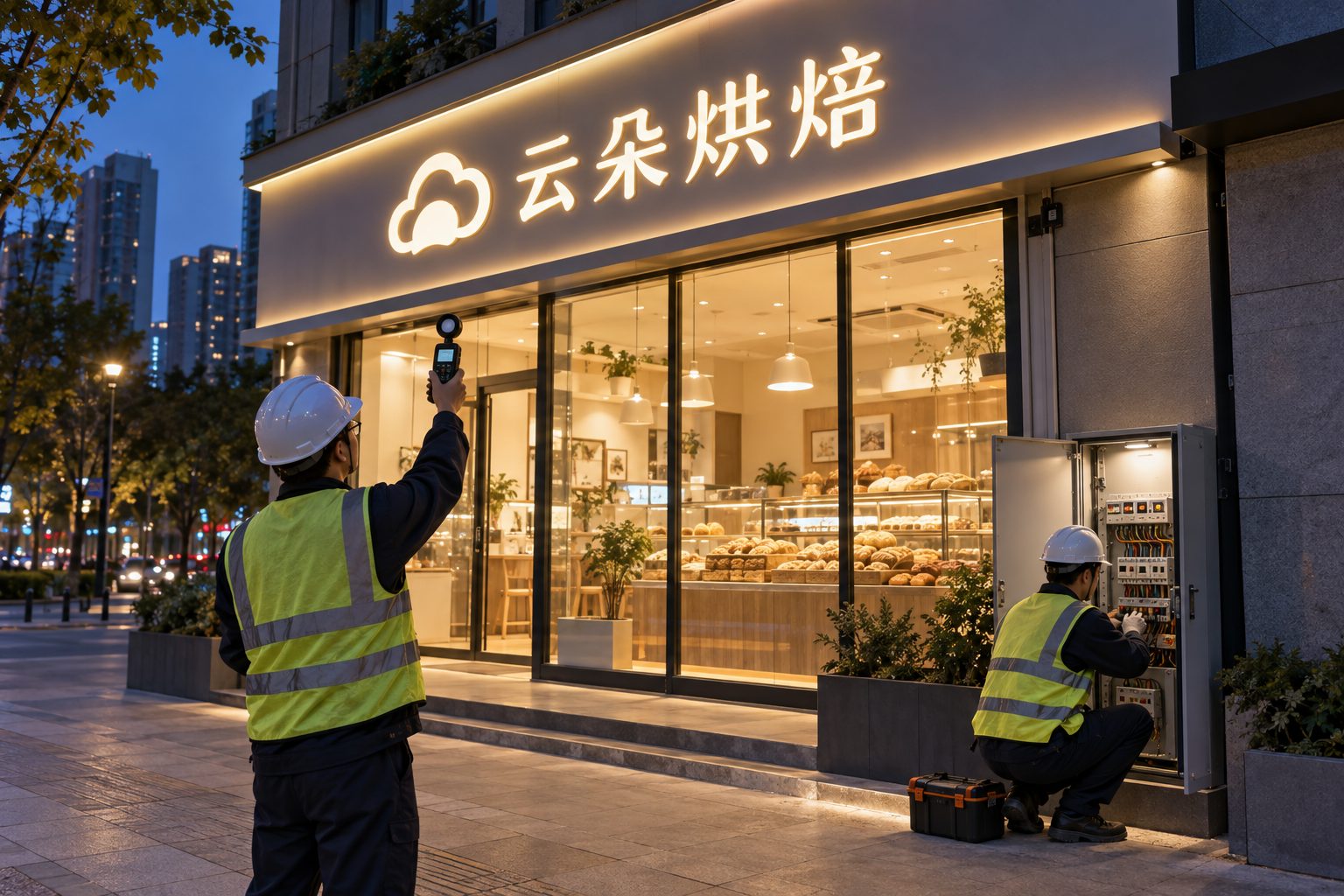 夜间检查招牌亮灯是否均匀