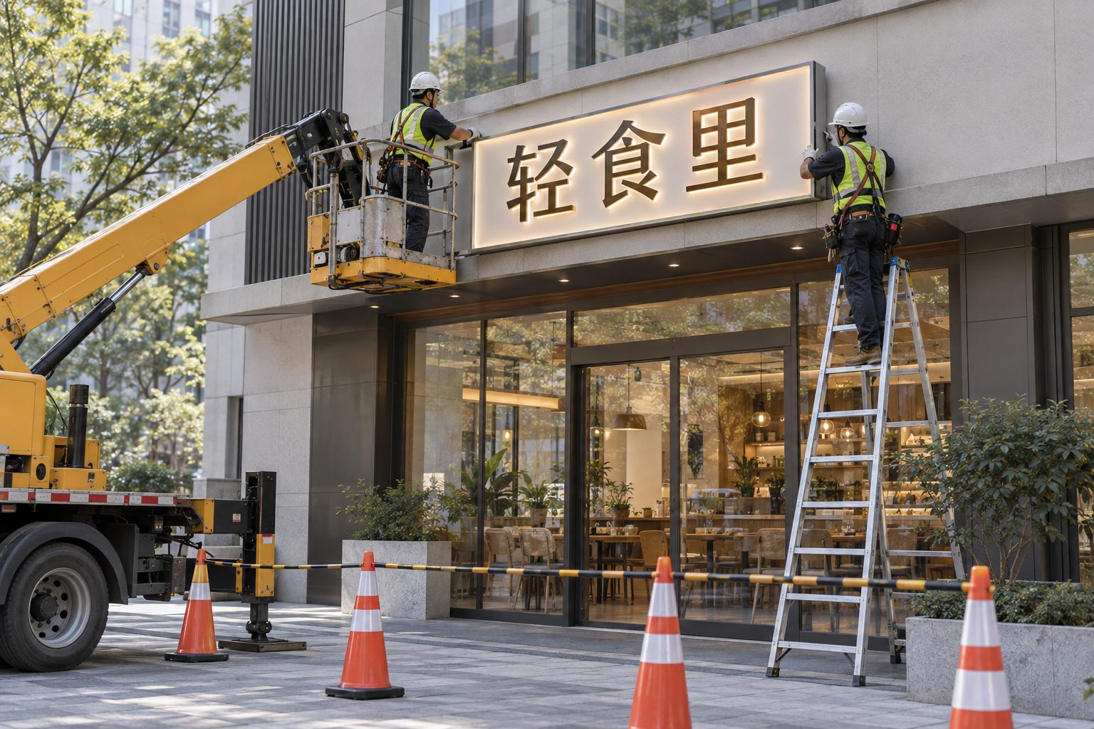高空安装门头招牌时需使用升降车与脚手架