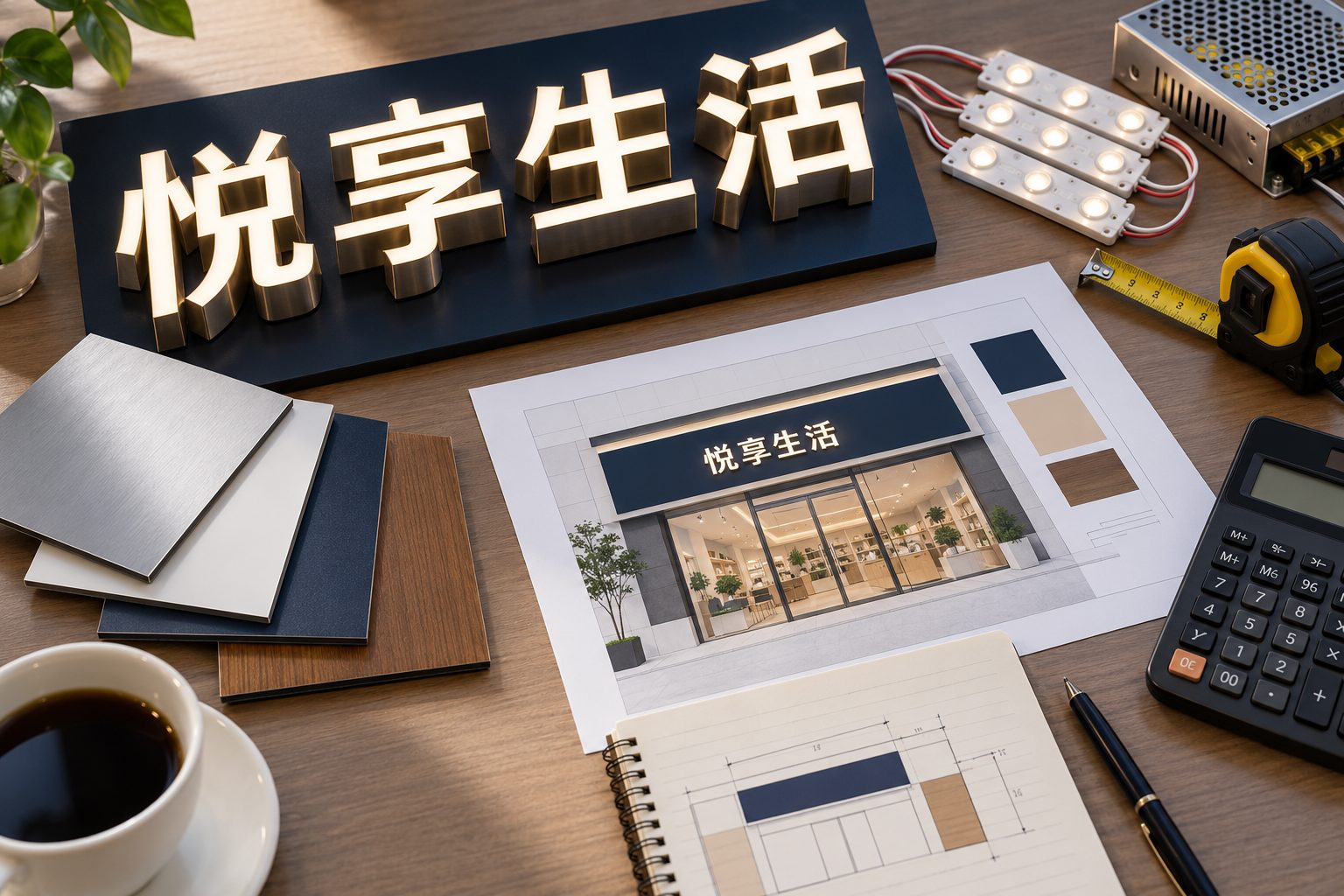 门店招牌材料样品、发光字样板与预算核算